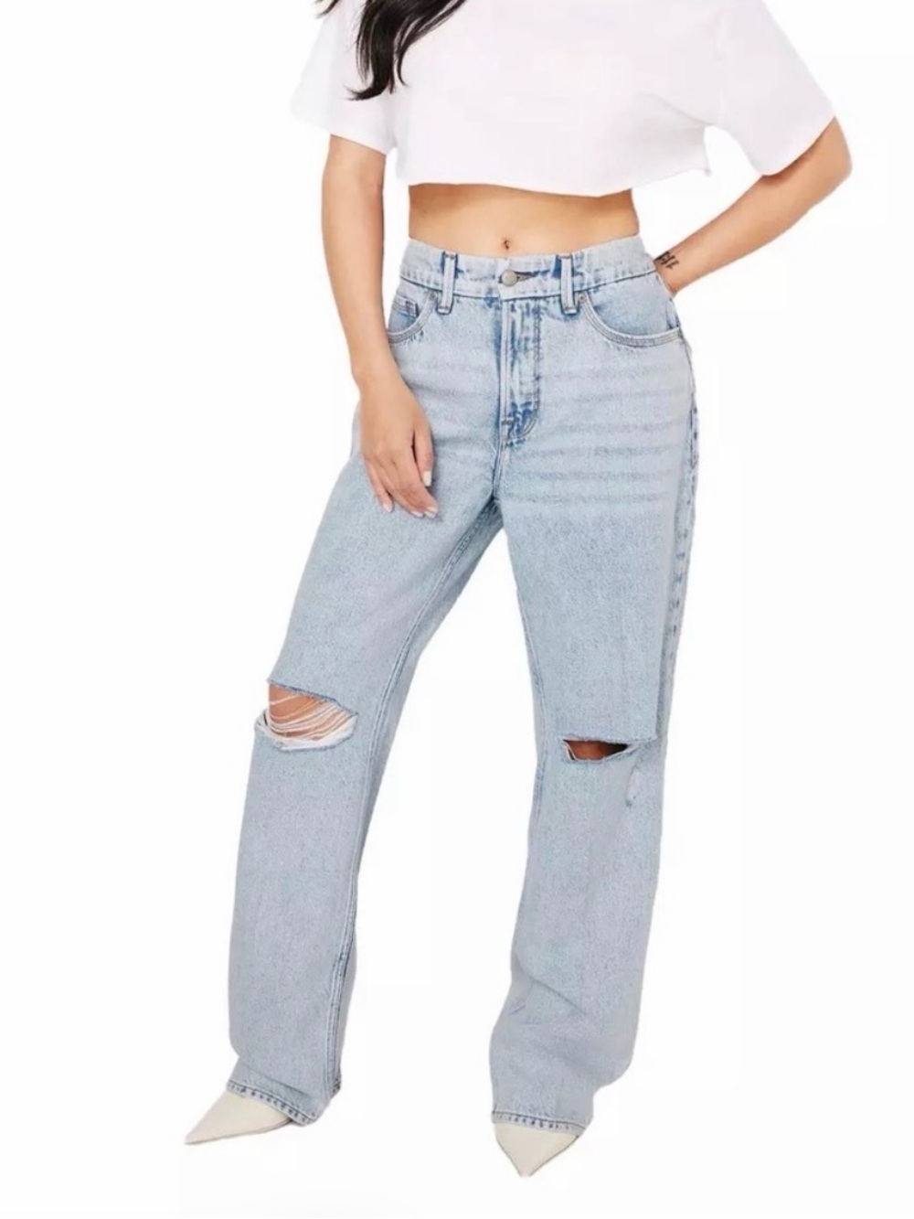 Good American Good 90’s Mid Rise Baggy 32 in inseam Distressed Straight Leg Jean